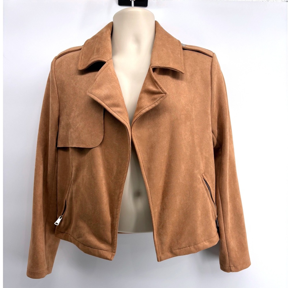 Bagatelle Collection Faux Suede Moto Jacket Camel Brown Open Front Size M 81957